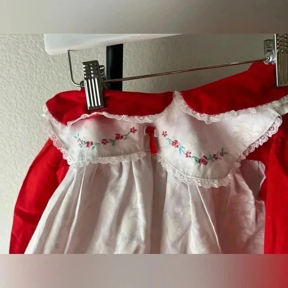 MAYFAIR vintage twirl toddler 24m Red Pinny Christmas cottage Pinafore dress 70s - Picture 11 of 12